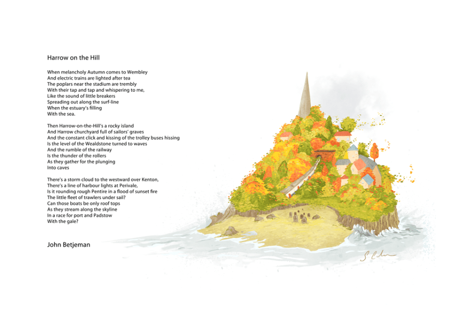 harrow is an island poem print john betjeman illustration sarah cochrane
