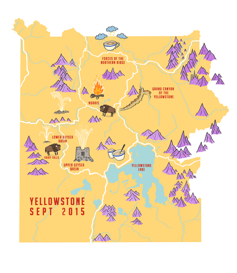 Illustrated map of yellowstone road trip sarah cochrane